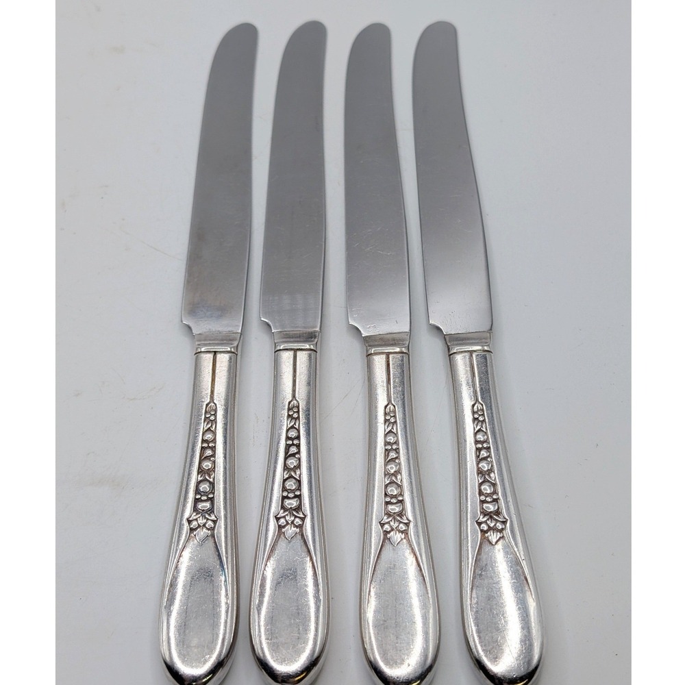 Vtg Wm Rogers Dinner Knives Silver Plate Priscilla Lady Ann Floral Set 4 9.25in